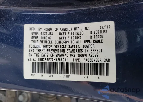 2017 Honda Accord Ex из США, поврежденный, VIN 1HGCR2F72HA269031